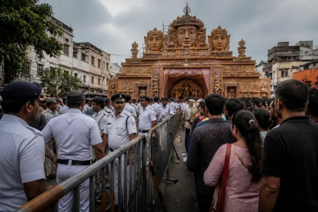 Police and visitors outside a Kolkata pandal after the Chorbagan incident