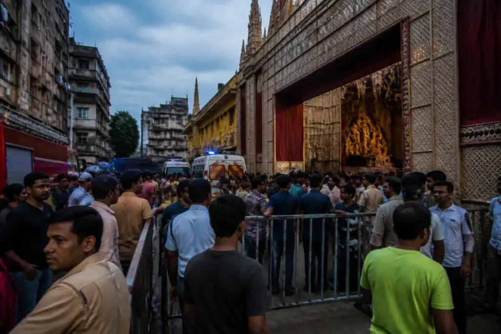 Chorbagan pandal stampede aftermath near a crowded Kolkata Durga Puja venue
