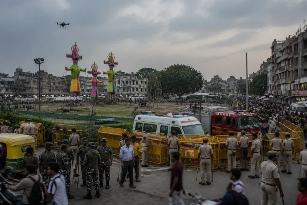 Security arrangements near the IP Extension Dussehra grounds in East Delhi
