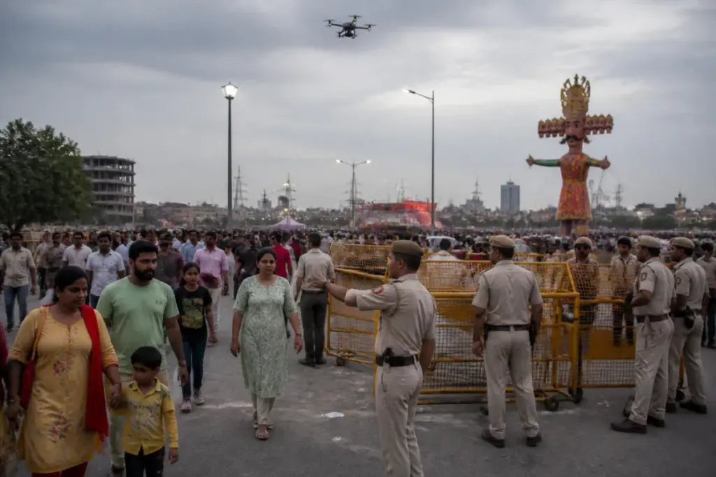 Yamunapar Dussehra security deployment near a crowded Delhi Ramleela venue