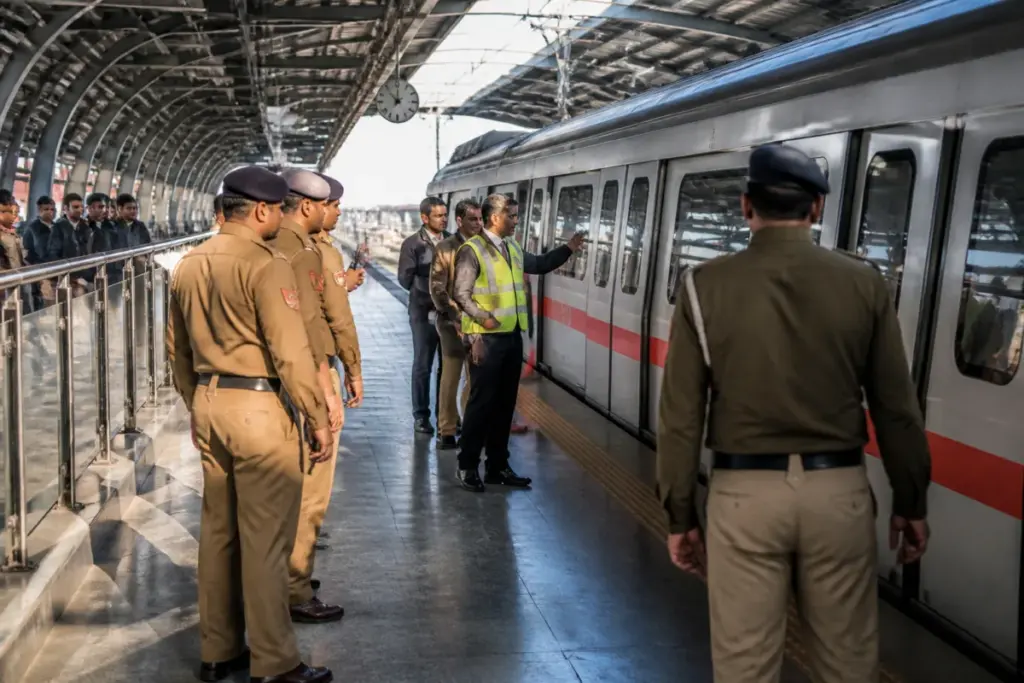Lajpat Nagar Metro station platform with a Delhi Metro train and emergency response activity
