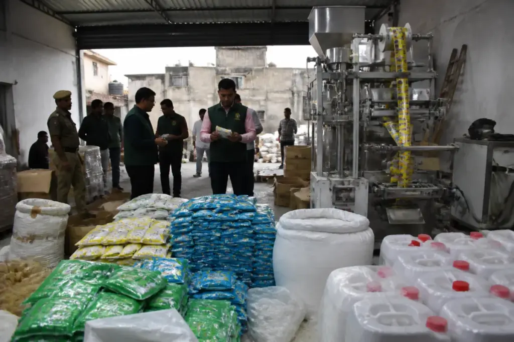 Delhi fake Eno factory raid showing seized counterfeit pouches and packaging machinery