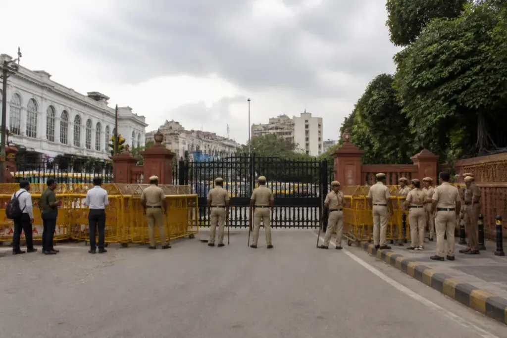 Jantar Mantar protest site in New Delhi with police barricades and a closed entrance