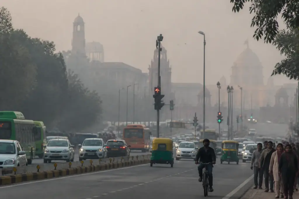 Delhi air quality and autumn haze over a city road with vehicles and buildings.