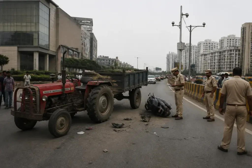 Police inspect a tractor-trolley after a fatal Ghaziabad scooty crash in Indirapuram.