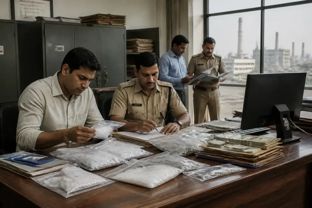 Delhi Police narcotics probe involving a financial investigation and seized contraband