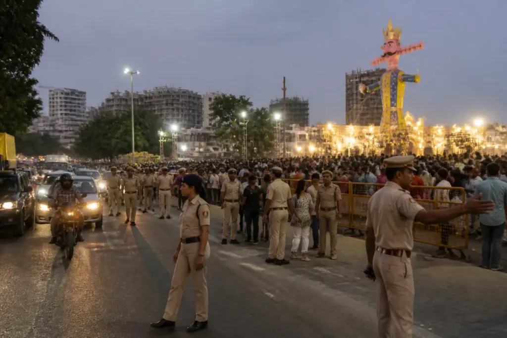 Delhi Dussehra security personnel managing crowds near a festival venue