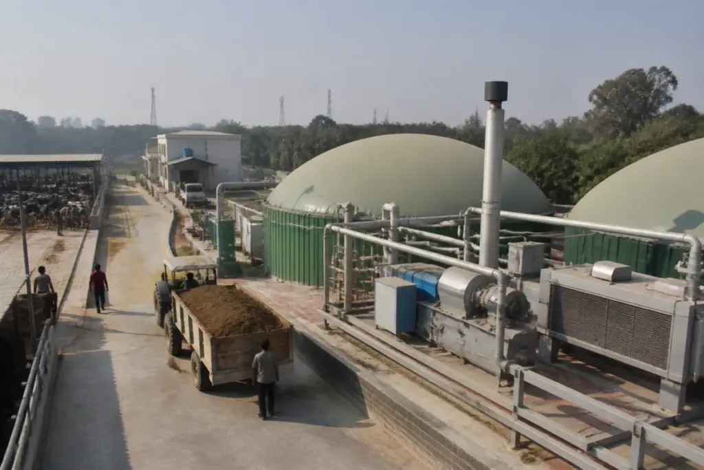 Delhi biogas plant at Goyla Dairy processing cow dung for fuel and fertiliser