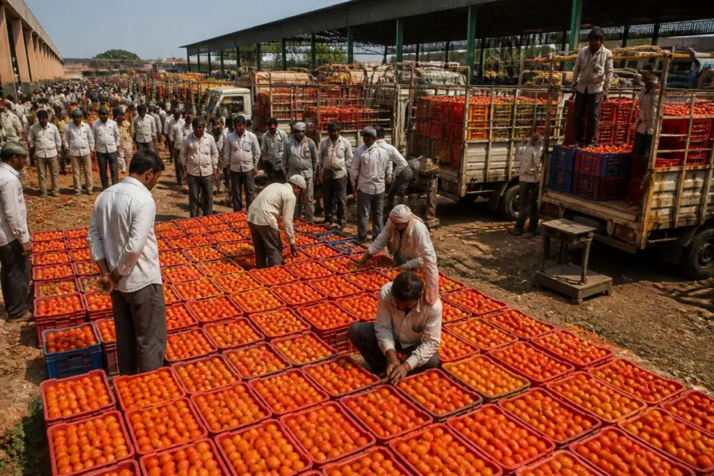 Tomato crates at Pimpalgaon APMC amid a sharp fall in tomato prices
