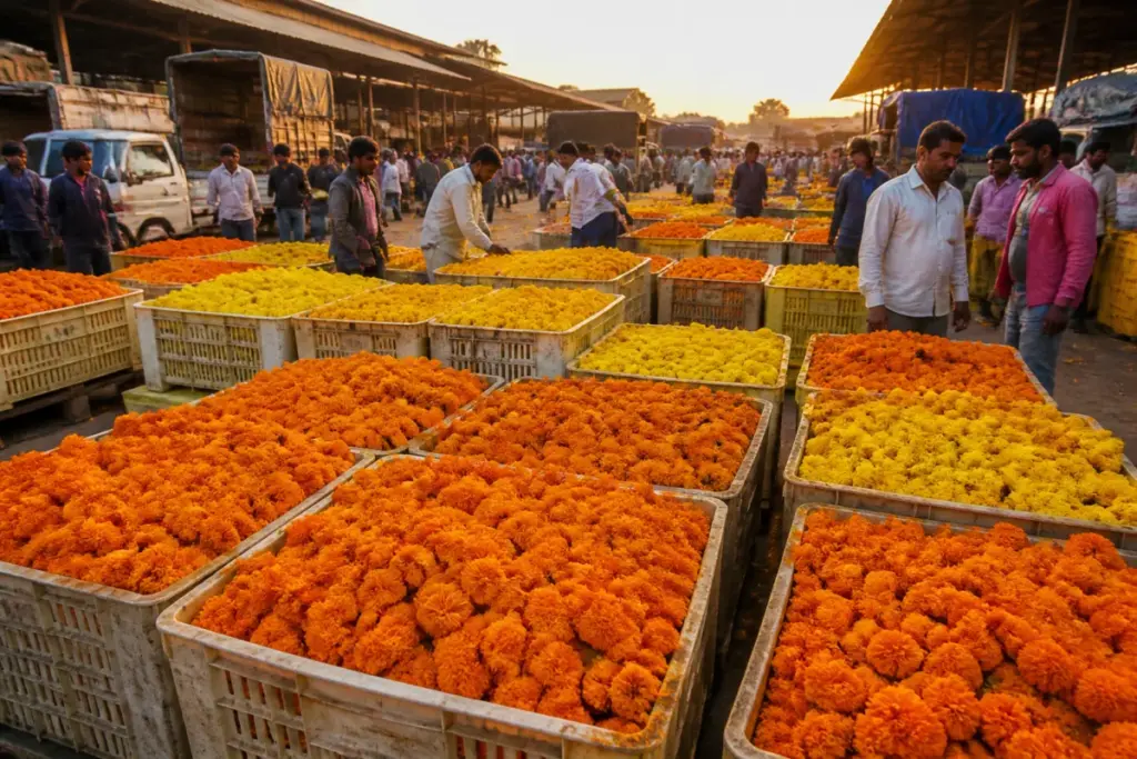 Nashik marigold prices rise as crates of flowers reach a wholesale market before Dasara