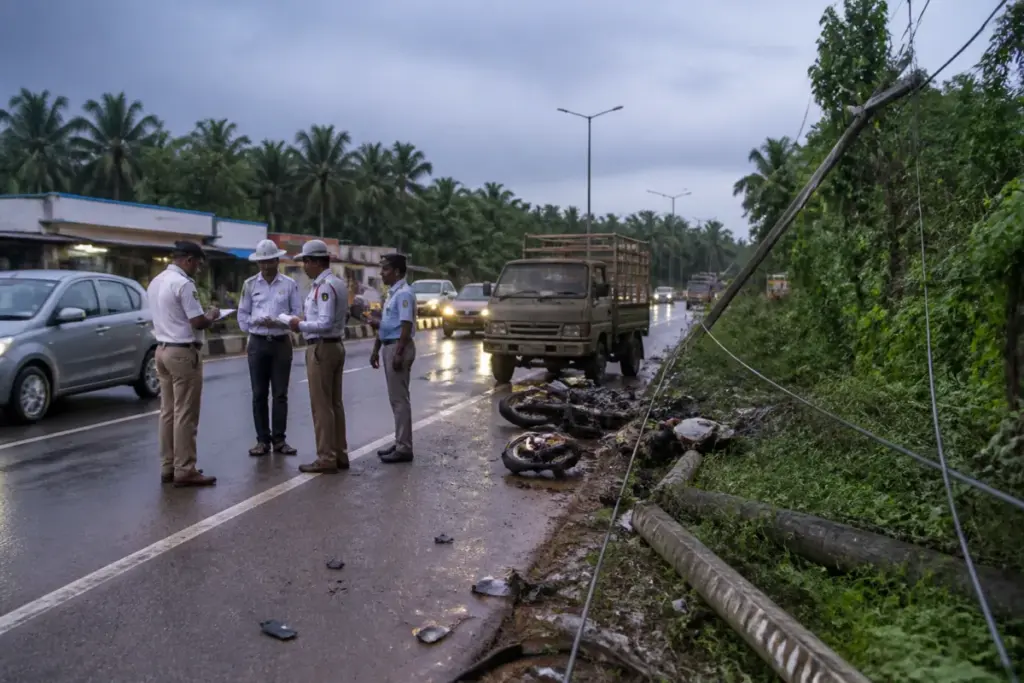 Boliyar road accident scene near a highway electricity pole in Dakshina Kannada