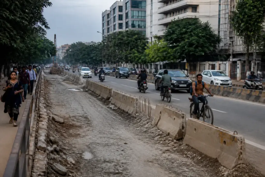 Pune road works and barricades along Ganeshkhind Road near metro construction