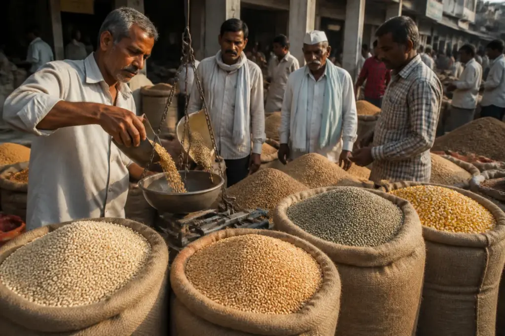Maharashtra grain prices rise as sacks of jowar, wheat, bajra and maize are displayed in a Pune market