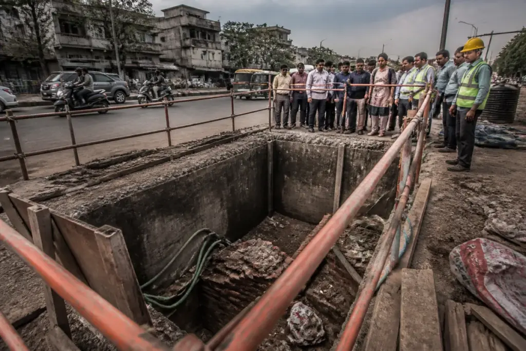 Yerawada drainage pit death site with a barricaded sewer excavation in Pune