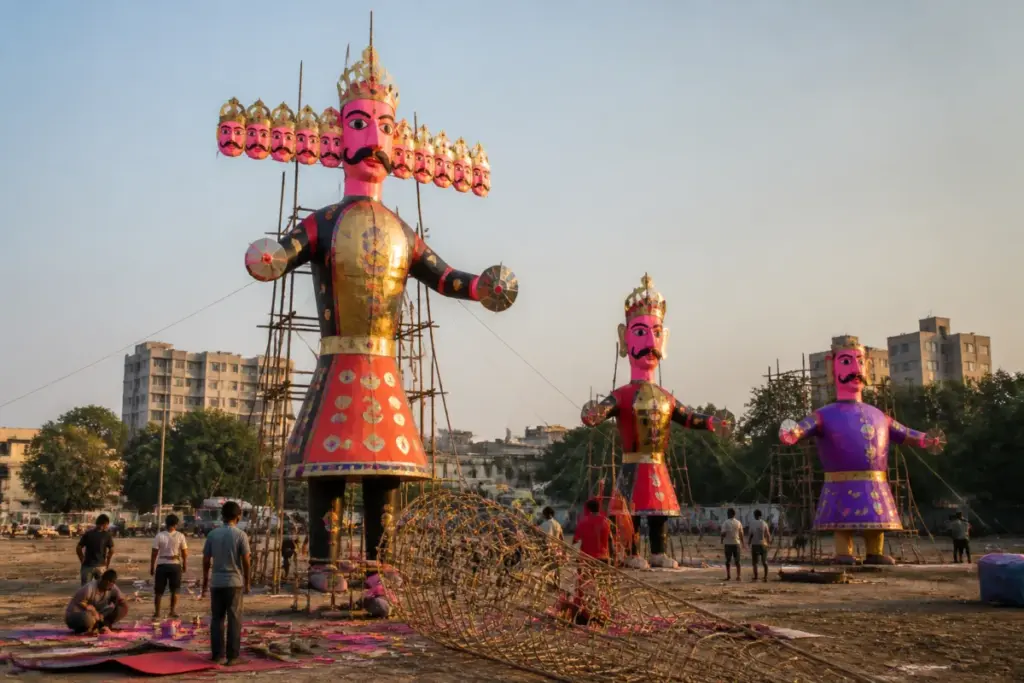 Ahmedabad Ravana Dahan effigies prepared for the Thaltej Dussehra event