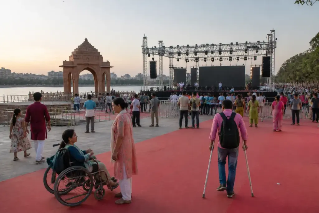 Ahmedabad Garba 2026 preparations at Kankaria Lakefront with a stage and public event space