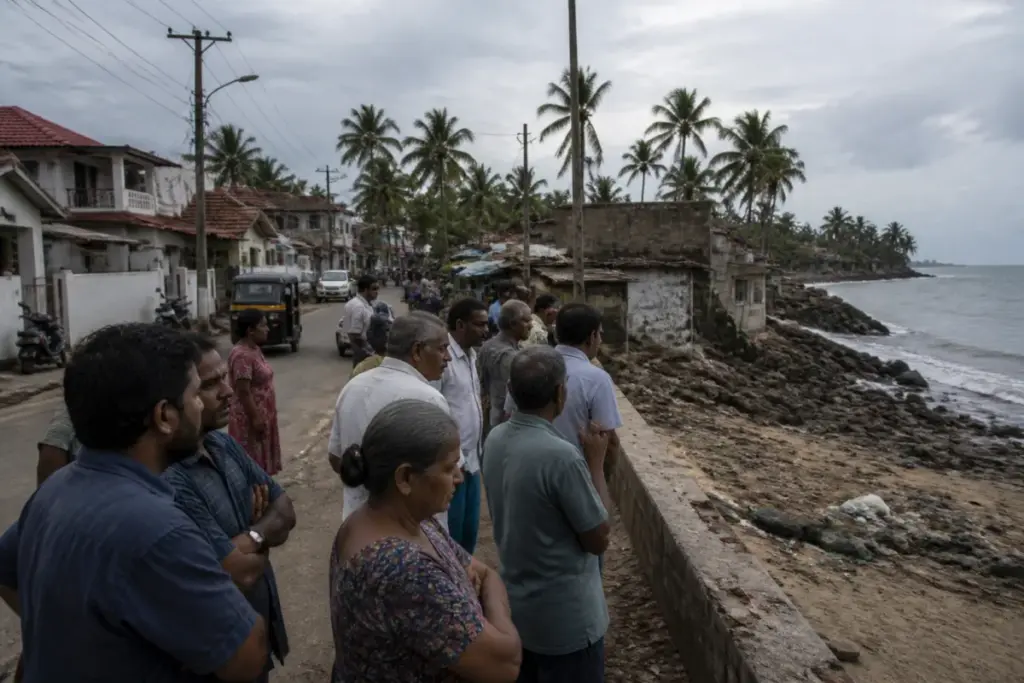 Munambam land dispute area with homes and coastal roads in Kerala