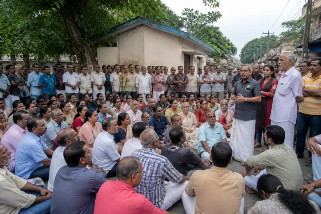 Residents protest the proposed relocation of a Kochi health centre in Ponnurunni East.