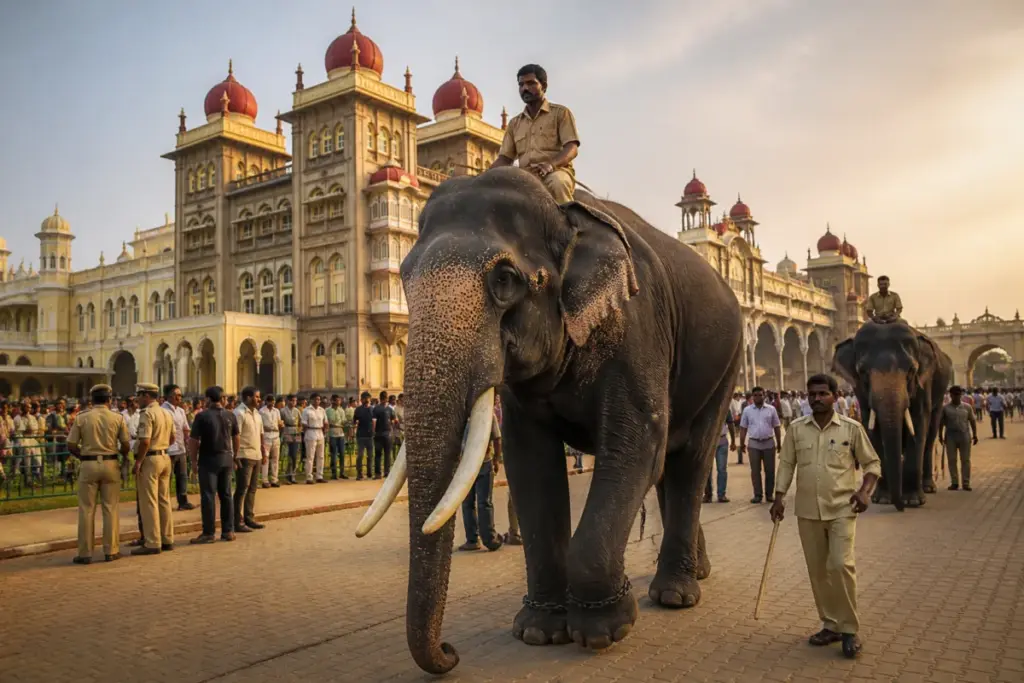 Mysuru Dasara procession preparations with elephants and palace grounds in Karnataka
