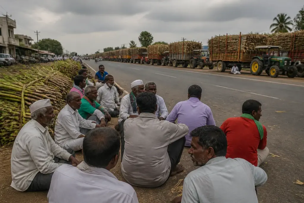 Karnataka sugarcane protest by farmers near a highway with sugarcane transport vehicles