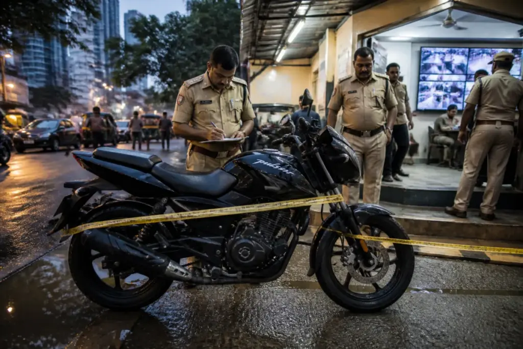 Tiger Shroff firing case investigation with a recovered Pulsar motorcycle near an Andheri railway station