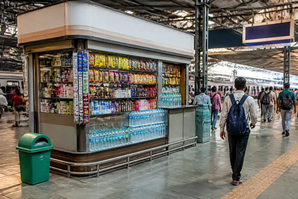 Central Railway grocery kiosks at a Mumbai railway station