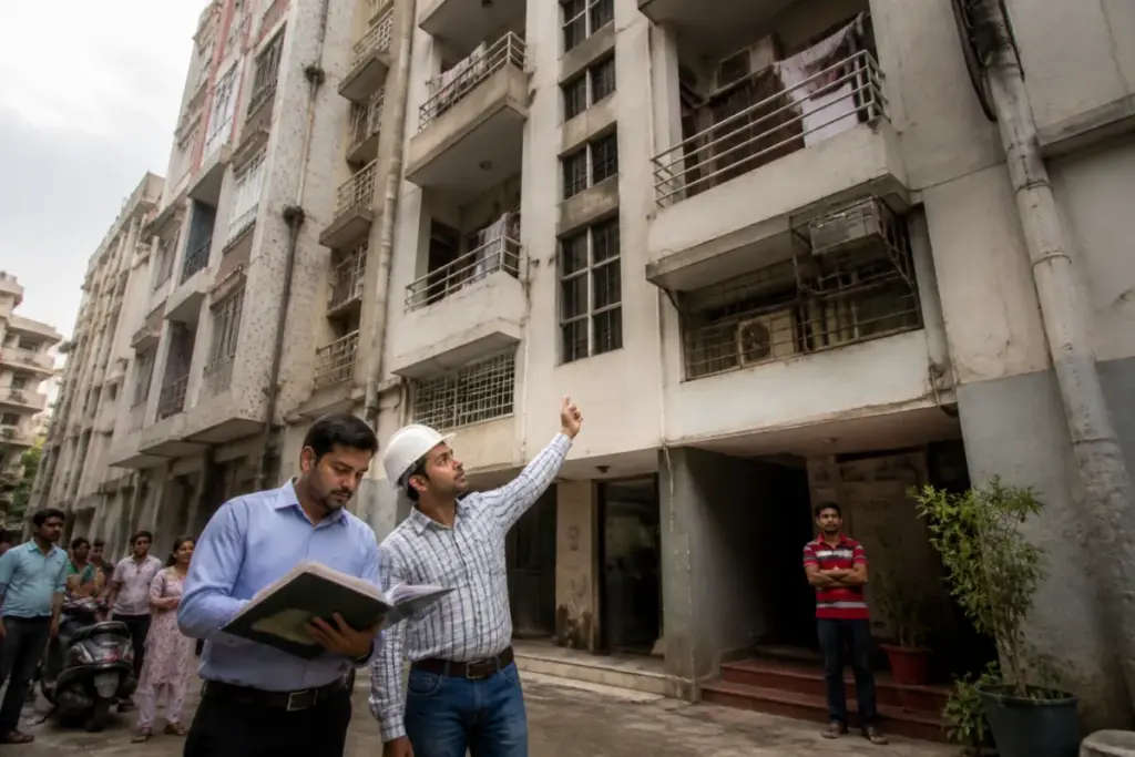 Delhi PG structural safety inspection outside a densely occupied building
