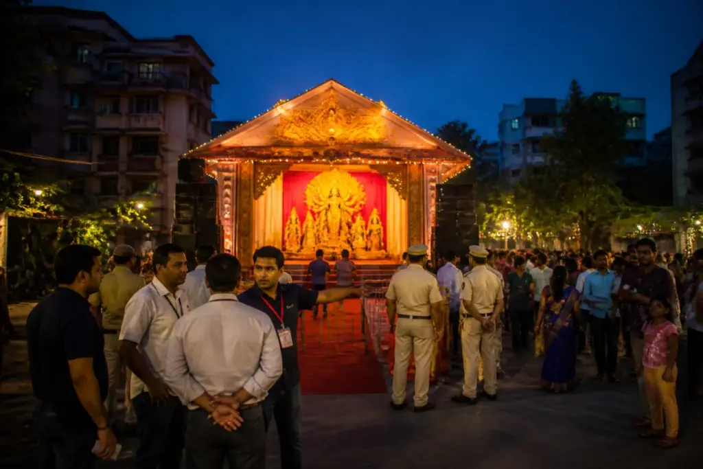 Delhi Durga Puja loudspeaker dispute at a decorated CR Park festival venue