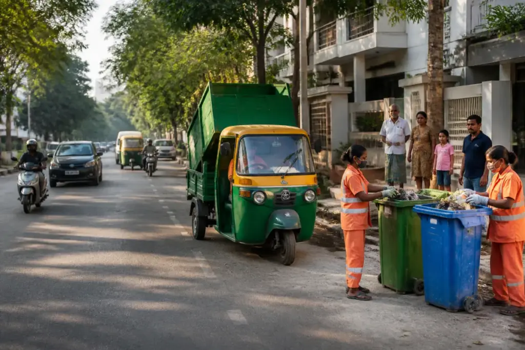 Bengaluru waste management workers and an auto tipper collecting household waste on a city street