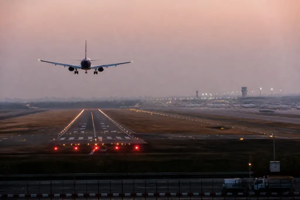 Bengaluru airport runway with an aircraft approaching after a runway safety alert