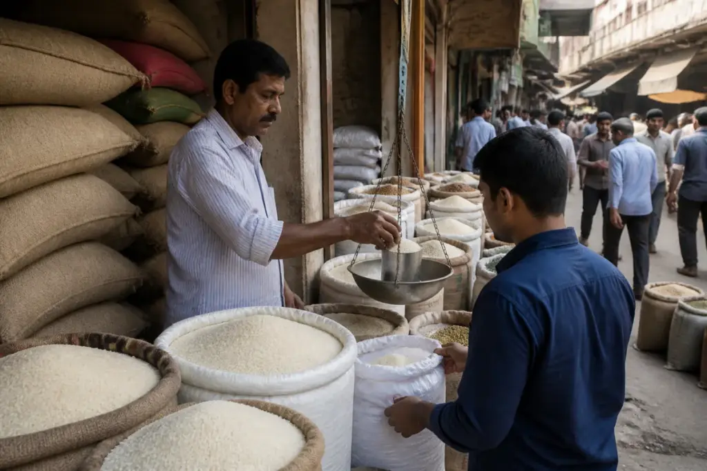 Telangana rice prices displayed at a Hyderabad market beside sacks of Sona rice