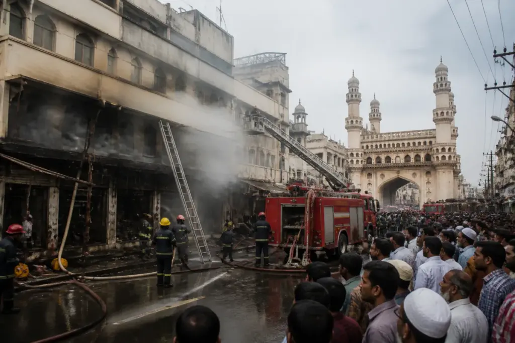 Firefighters tackle a Hyderabad fire at shops near Madina Circle and Charminar.