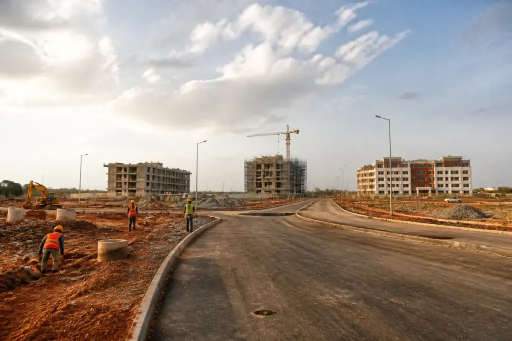 Bharat Future City construction zone with institutional buildings and urban infrastructure in Telangana