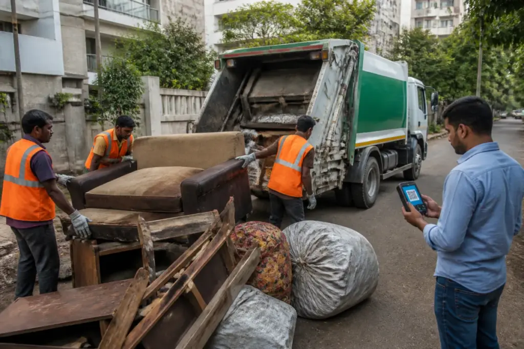 Hyderabad bulky waste collection vehicle handling discarded furniture near an urban neighbourhood