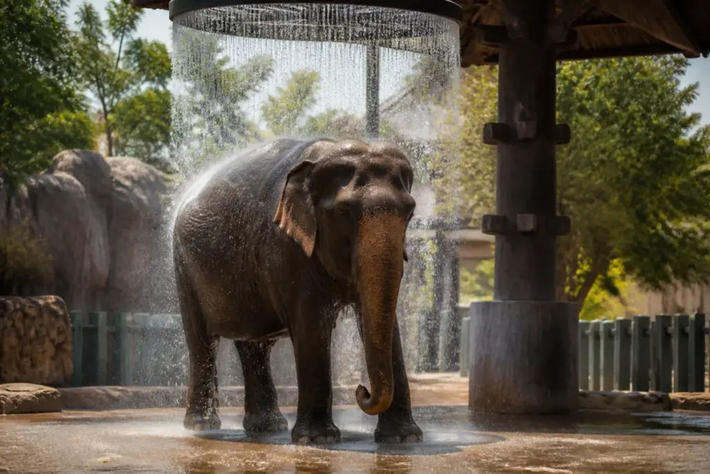 Hyderabad zoo heat measures including a shower cooling an elephant enclosure