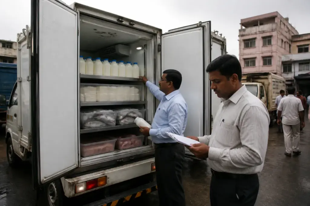 FSSAI food transport rules being enforced on a refrigerated vehicle carrying perishable food in Tamil Nadu
