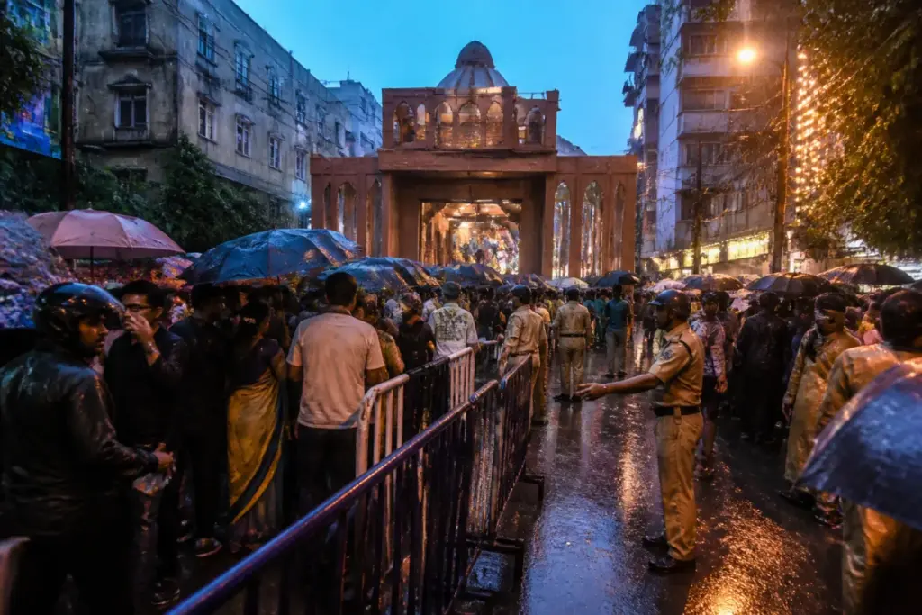 Chorbagan stampede site with a crowded Kolkata puja pandal entrance and exit