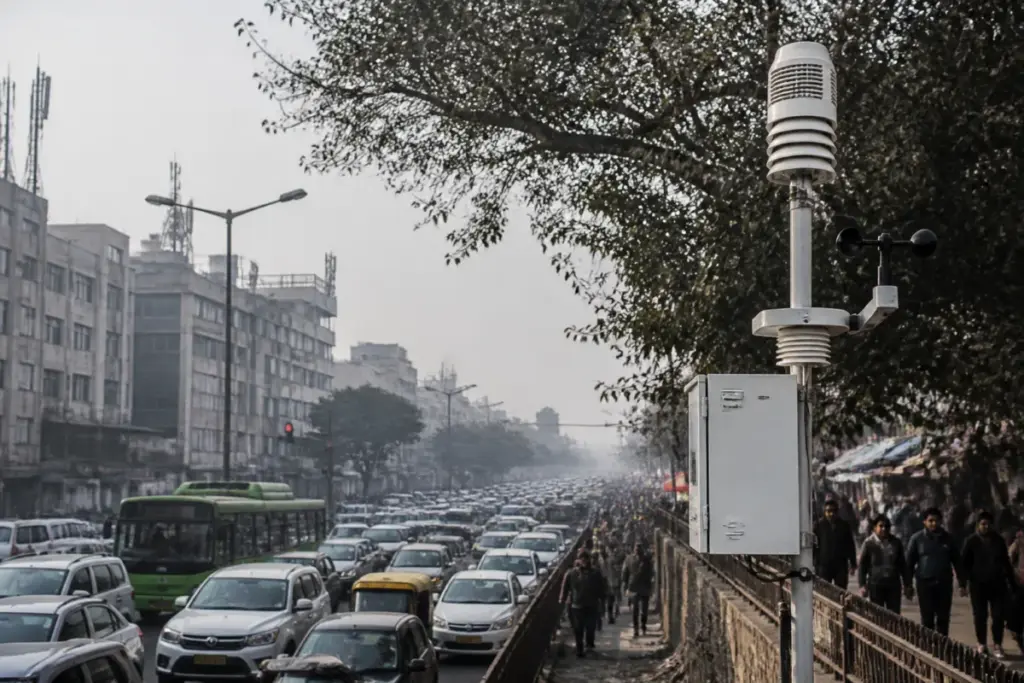 Delhi pollution control project site near a busy road with air-quality sensors and traffic