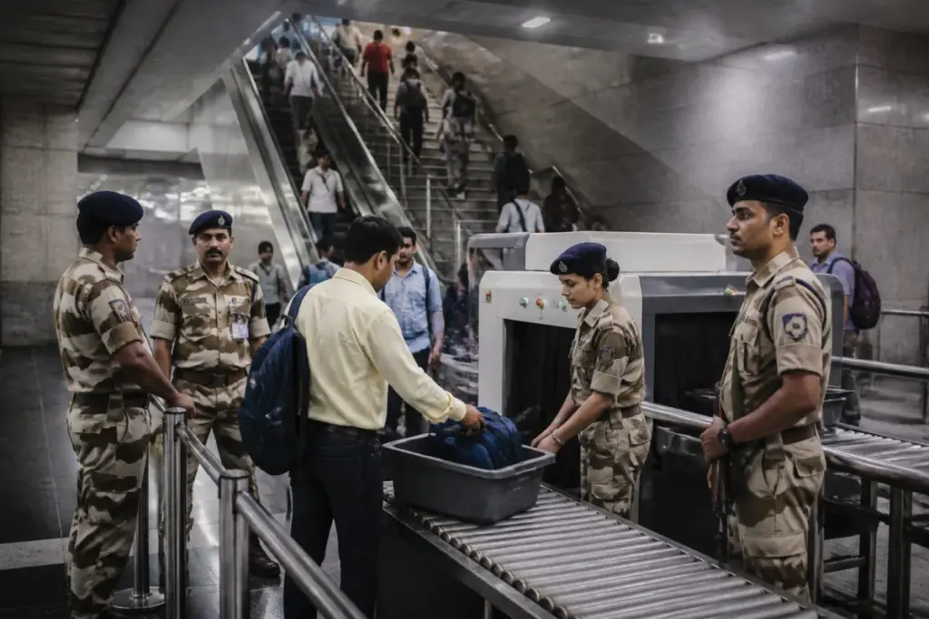 CISF personnel conducting security checks at a Delhi Metro station
