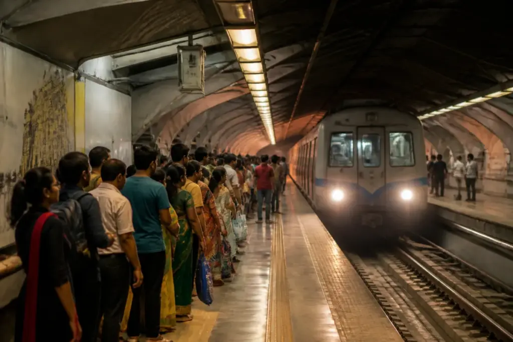 Kolkata Metro train at a Blue Line station during Maha Ashtami travel