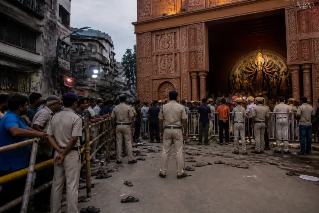 Chorbagan stampede site in Kolkata with a crowded Durga Puja pandal area