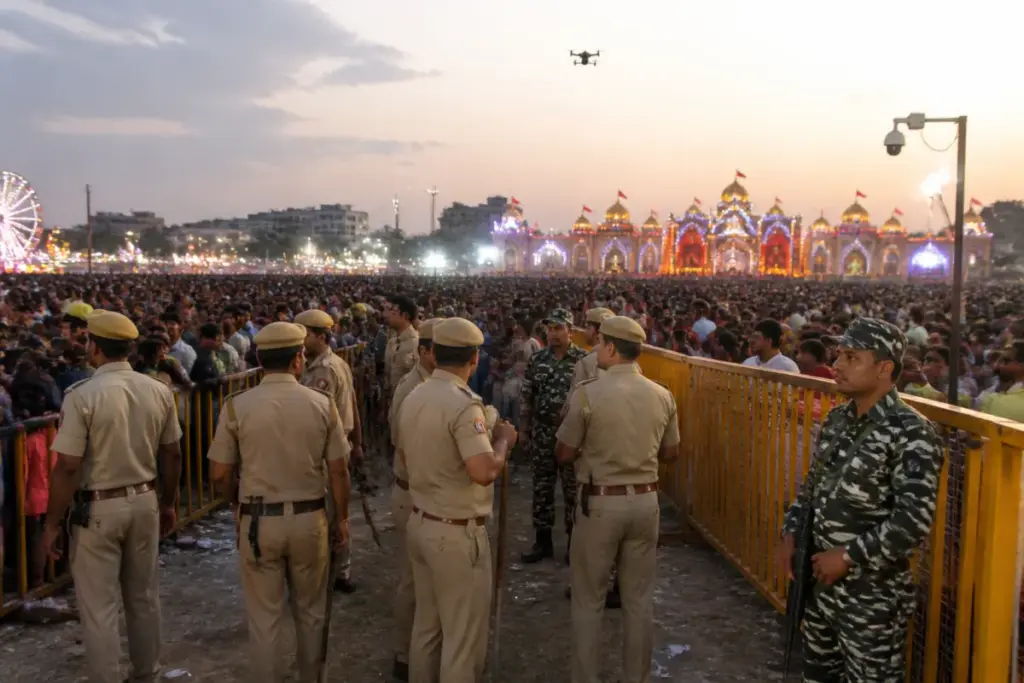 Delhi Dussehra security personnel monitoring a crowded Ramleela venue in Yamunapar
