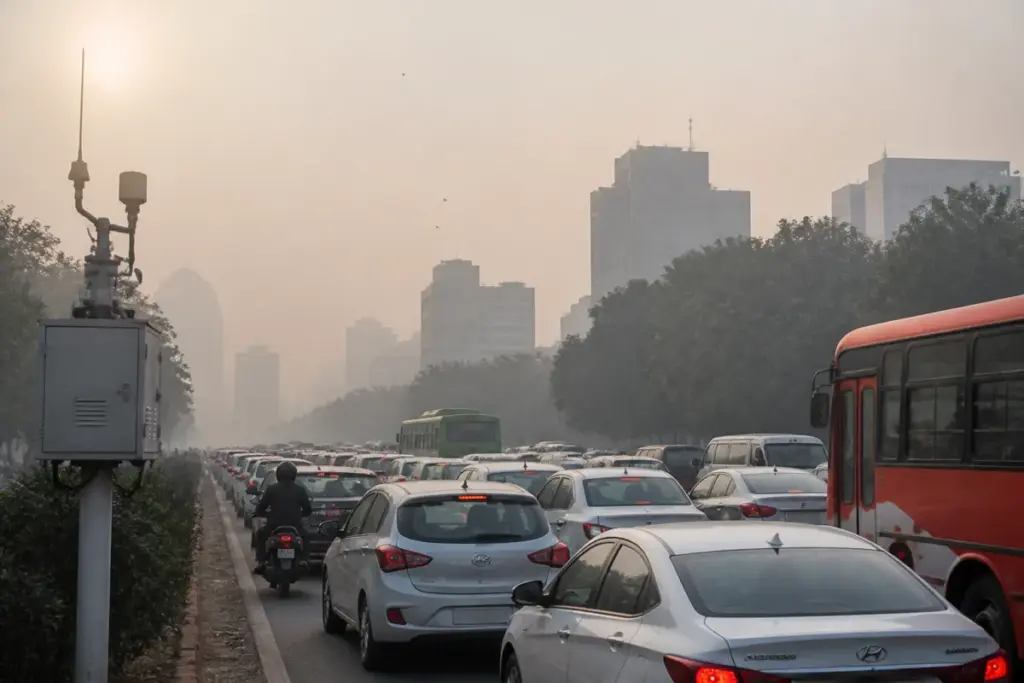 Delhi air quality monitoring near a city road under hazy skies