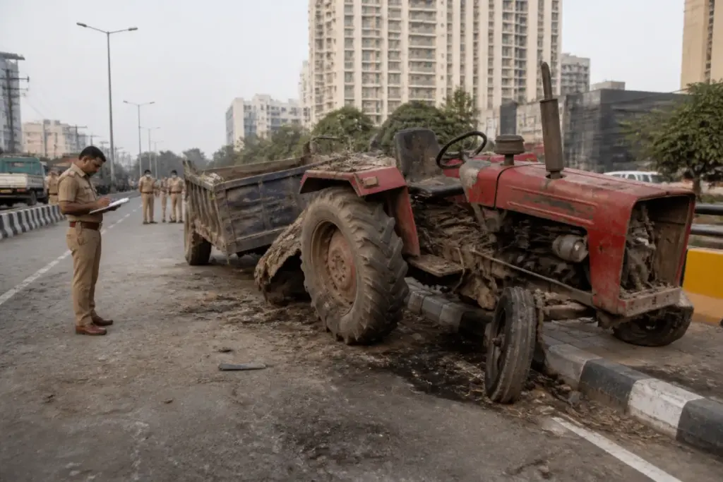 Police inspect a tractor-trolley after a fatal Ghaziabad road crash in Indirapuram.