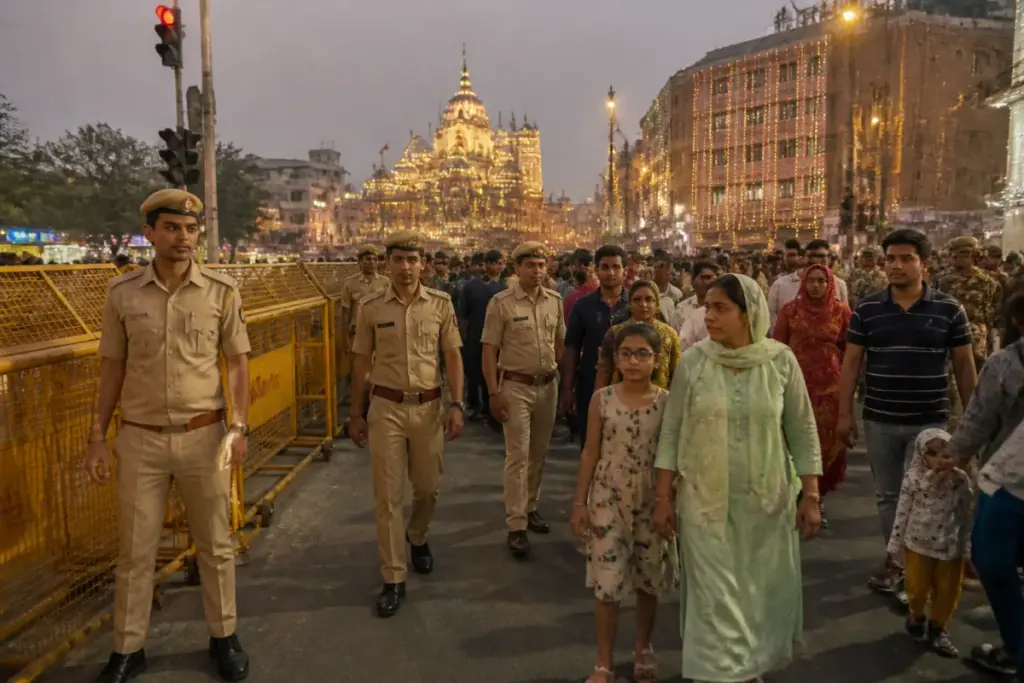 Police personnel managing crowds during Dussehra security arrangements in Delhi-NCR