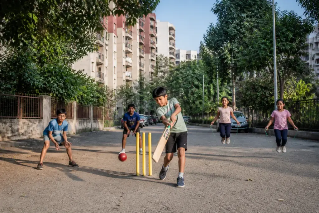 Children's bone health represented by urban children playing outdoors in a Pune neighbourhood