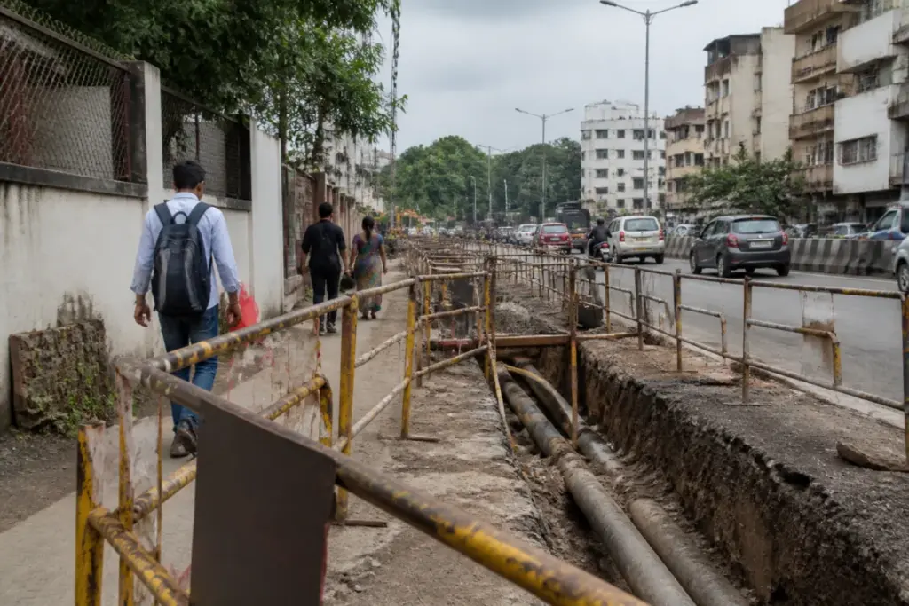 Pune trench death site with barricades on a Yerawada road