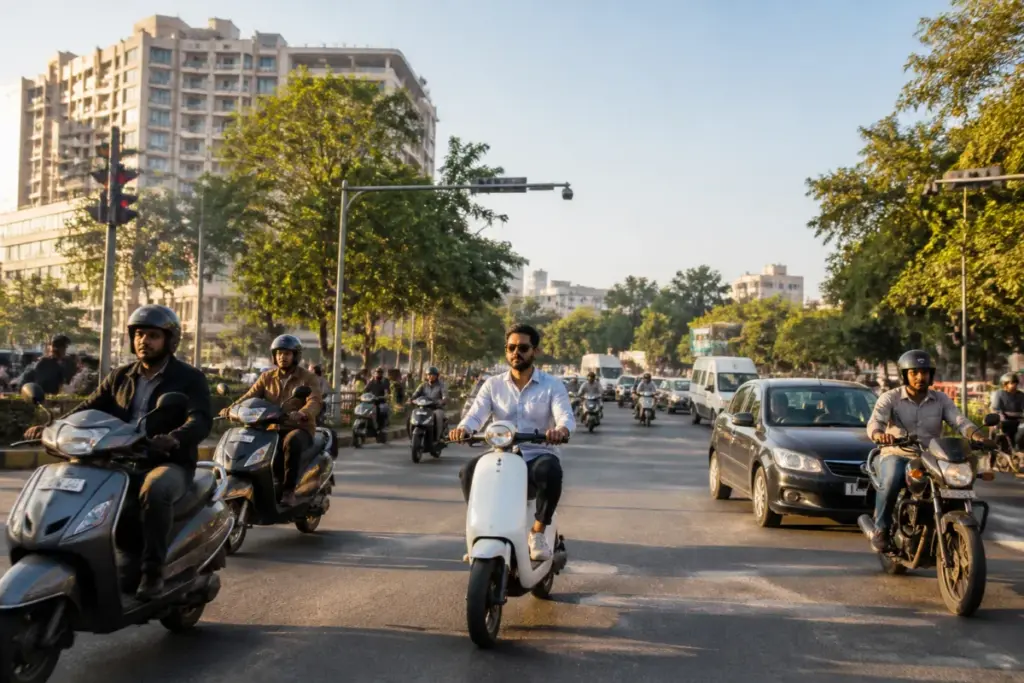 Pune vehicle registrations at an urban road junction with two-wheelers, cars and EVs