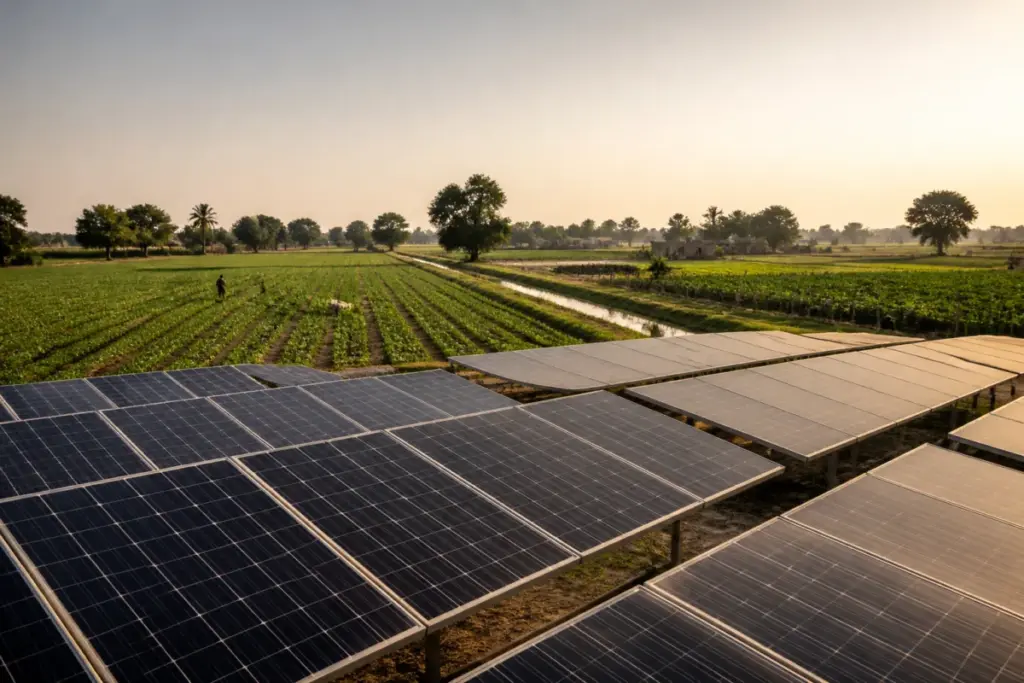Gujarat solar land policy debate over panels beside fertile farmland in Charotar