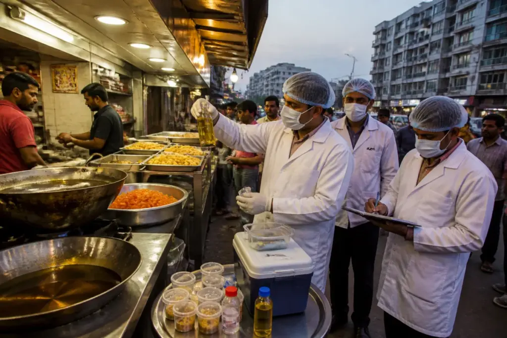 Ahmedabad food safety inspection at a fafda-jalebi outlet near Vastrapur Lake